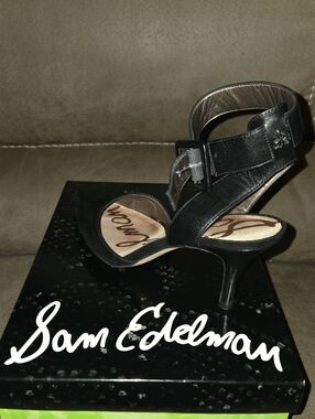 Sam Edelman Black Leather Ankle-Strap Kitten Heel Sandals